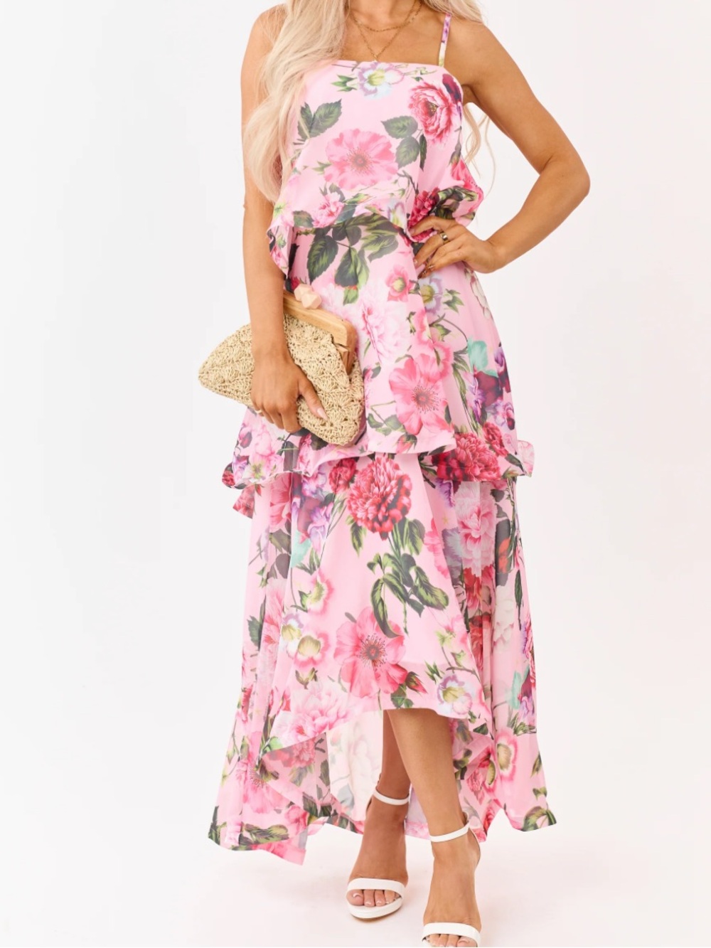Lime Lush Baby Pink Floral Tiered Chiffon Maxi Dress